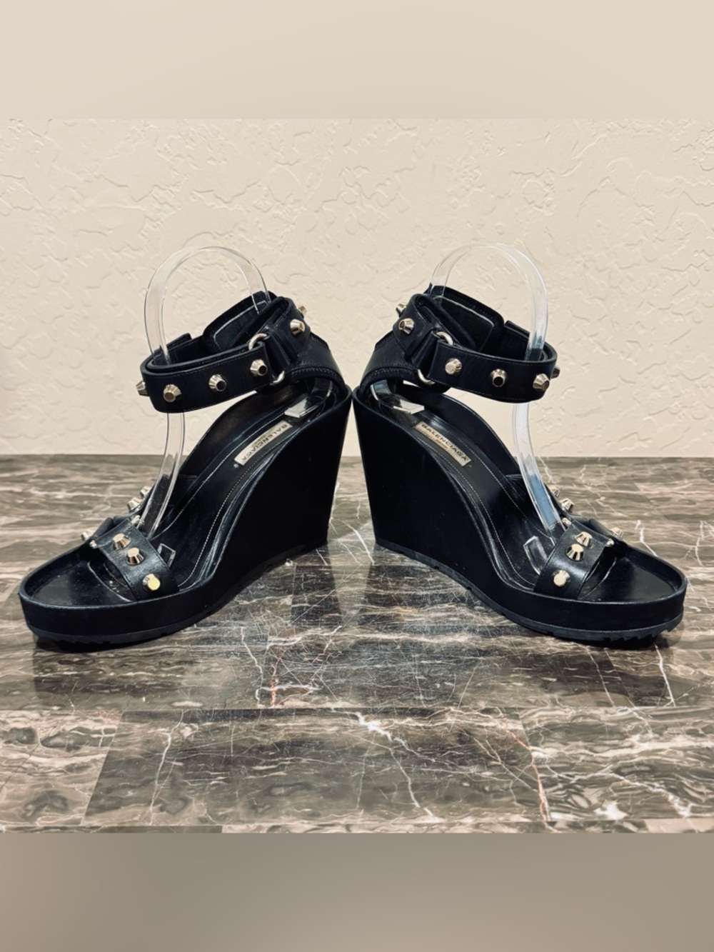 Balenciaga Black Leather Studded Wedge Sandals - Picture 10 of 16